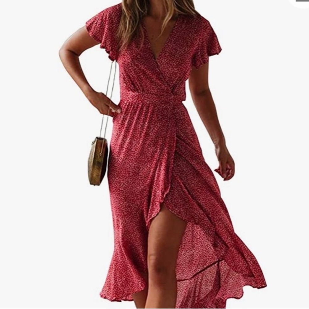 Zesica Red and White Asymmetrical Wrap Summer Dress L